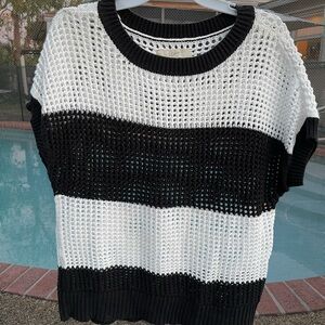 LOFT Black and White Open-Knit Cap Sleeve Sweater